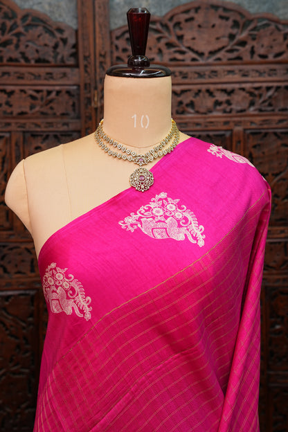 Semi Tussar Saree with Checkered Body & Elephant Motifs – Rani Pink