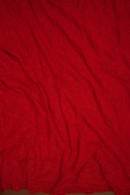 Party Wear Georgette Saree with Tone-on-Tone Embroidery - Scarlet Red