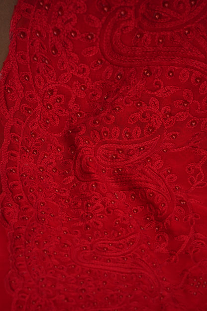 Party Wear Georgette Saree with Tone-on-Tone Embroidery - Scarlet Red