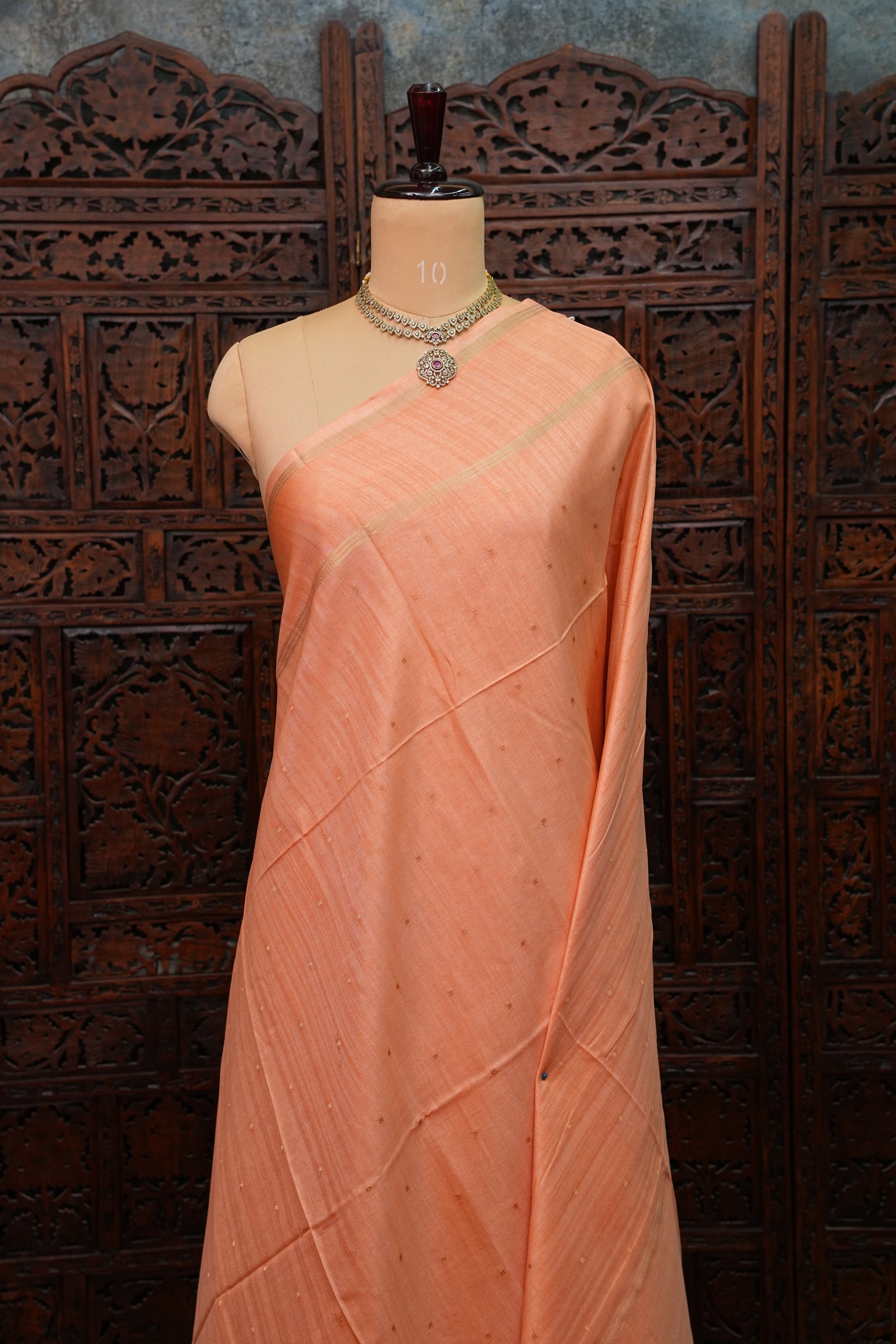 Semi Tussar Silk Saree with Traditional Gap Border – Peach