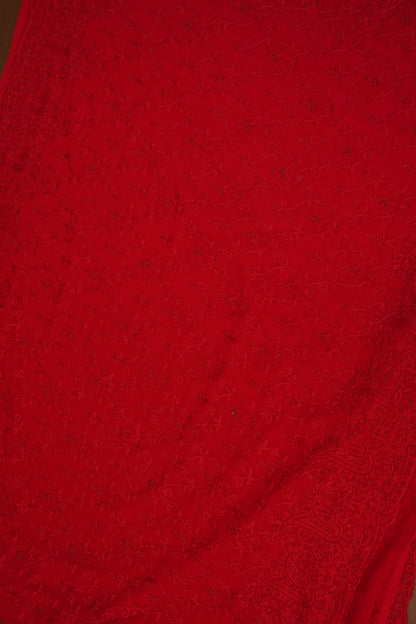 Party Wear Georgette Saree with Tone-on-Tone Embroidery - Scarlet Red