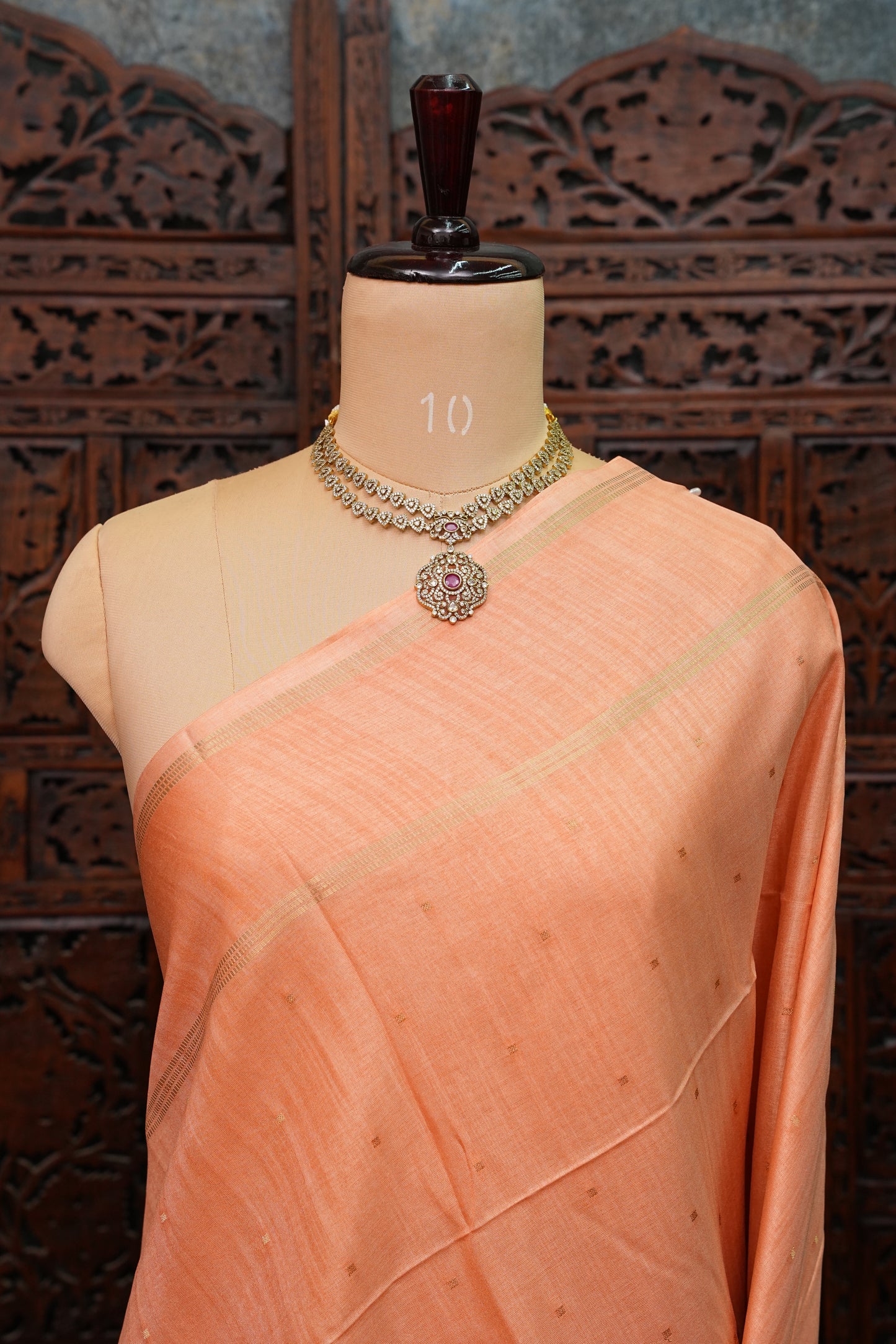 Semi Tussar Silk Saree with Traditional Gap Border – Peach