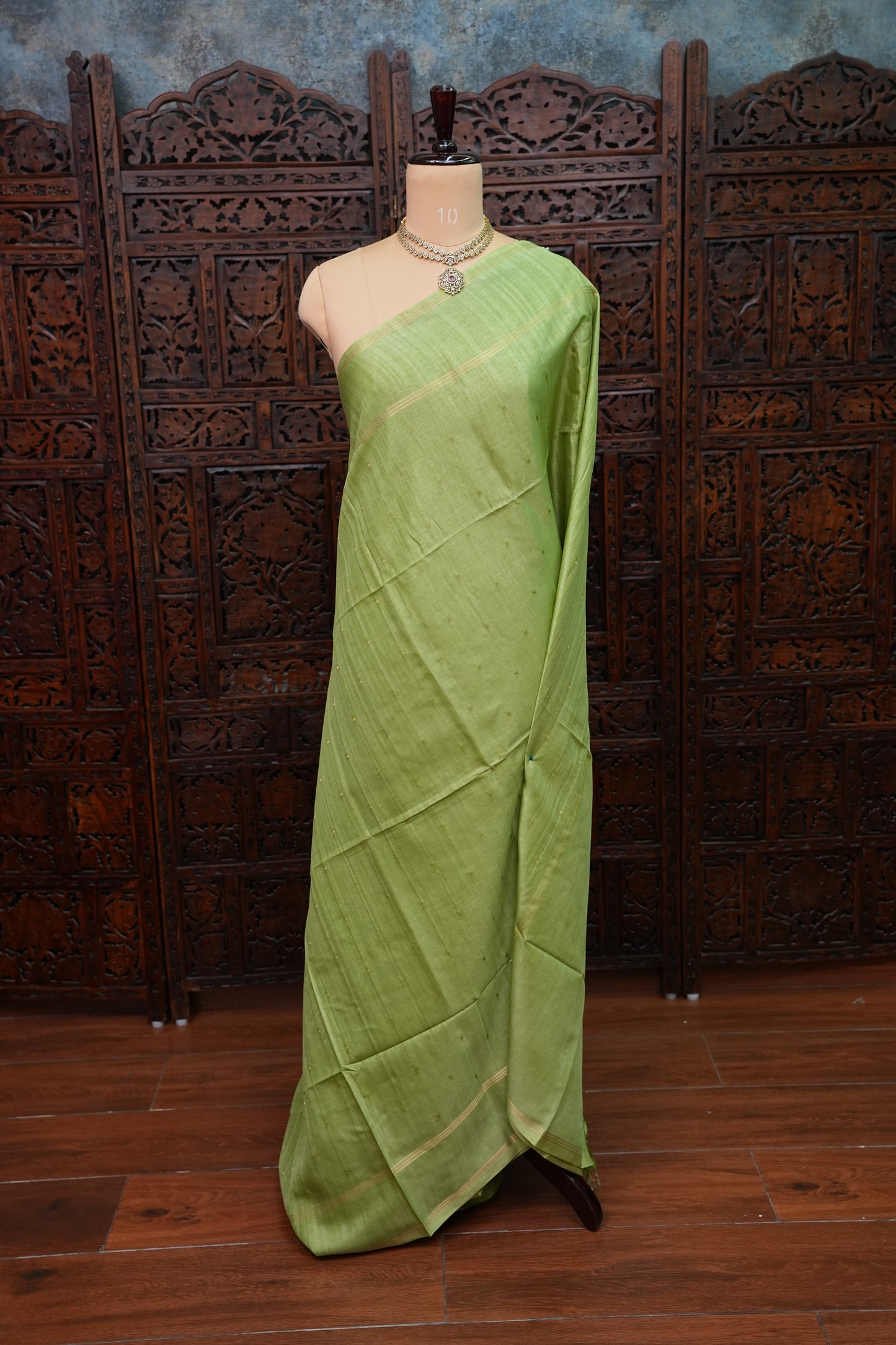 Semi Tussar Silk Saree with Traditional Gap Border – Pista Green
