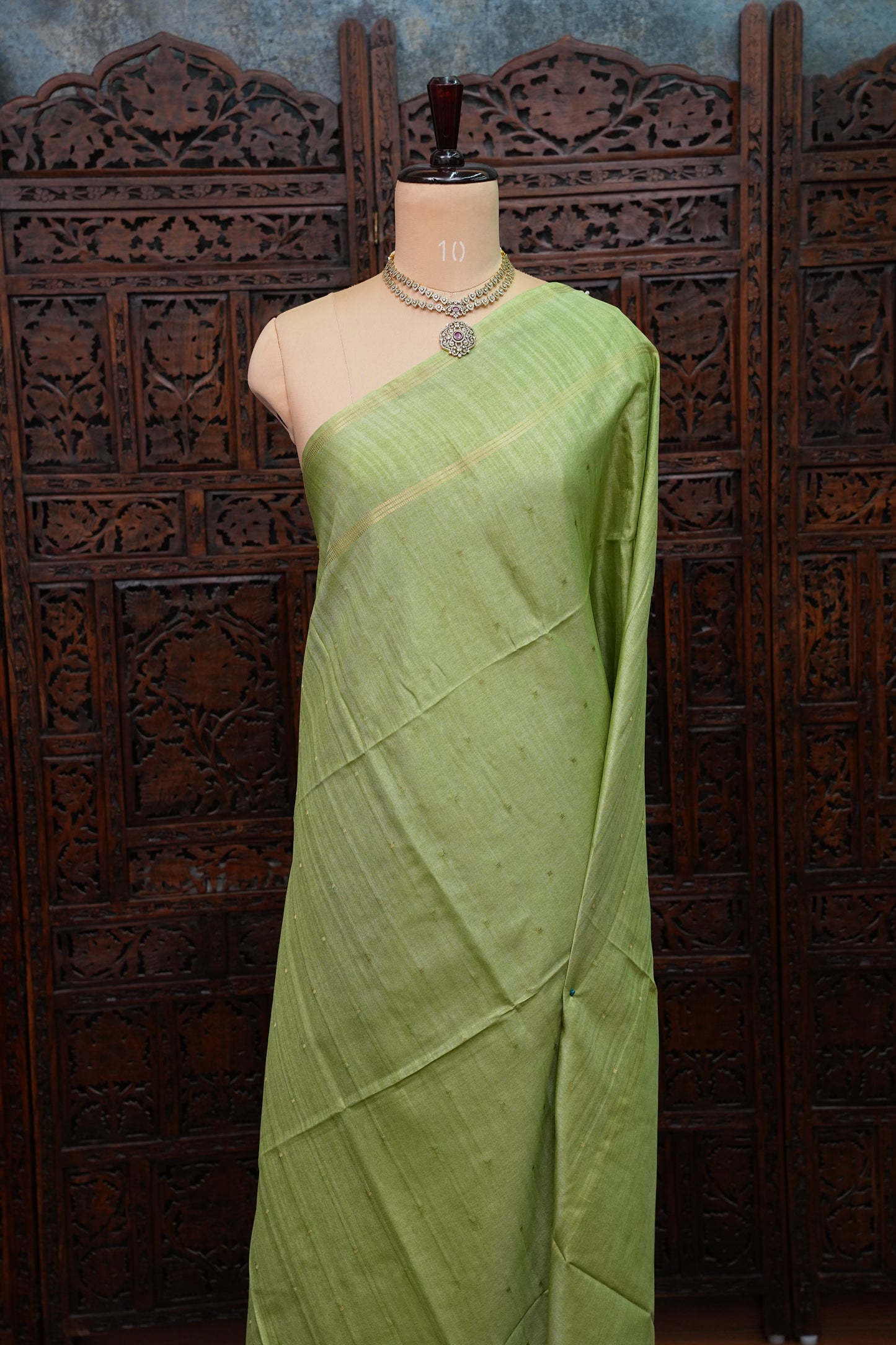 Semi Tussar Silk Saree with Traditional Gap Border – Pista Green