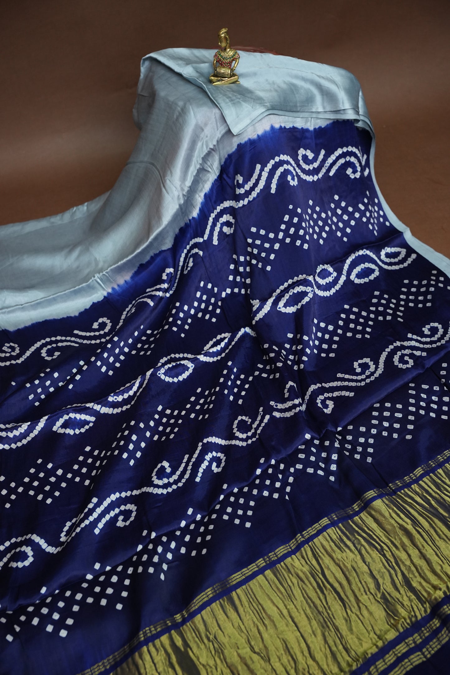 Pure Gajji Silk Saree in Powder Blue with Bandhej Pallu & Bandhani Digital Print