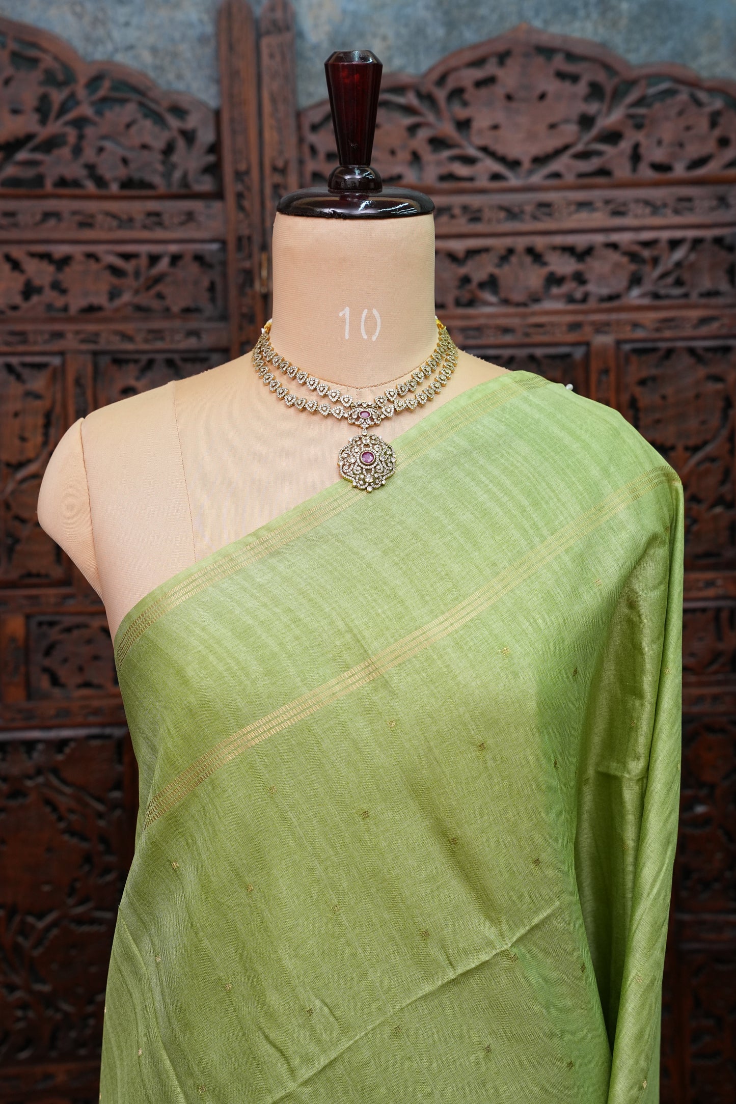 Semi Tussar Silk Saree with Traditional Gap Border – Pista Green