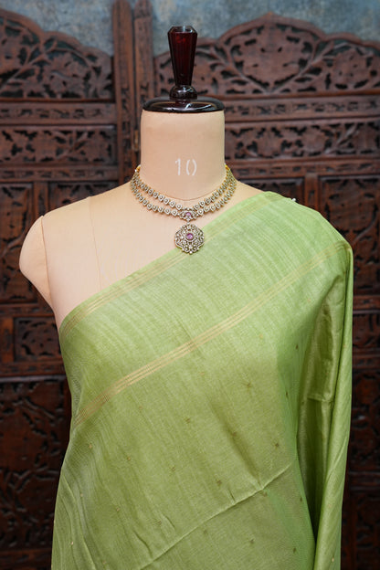 Semi Tussar Silk Saree with Traditional Gap Border – Pista Green