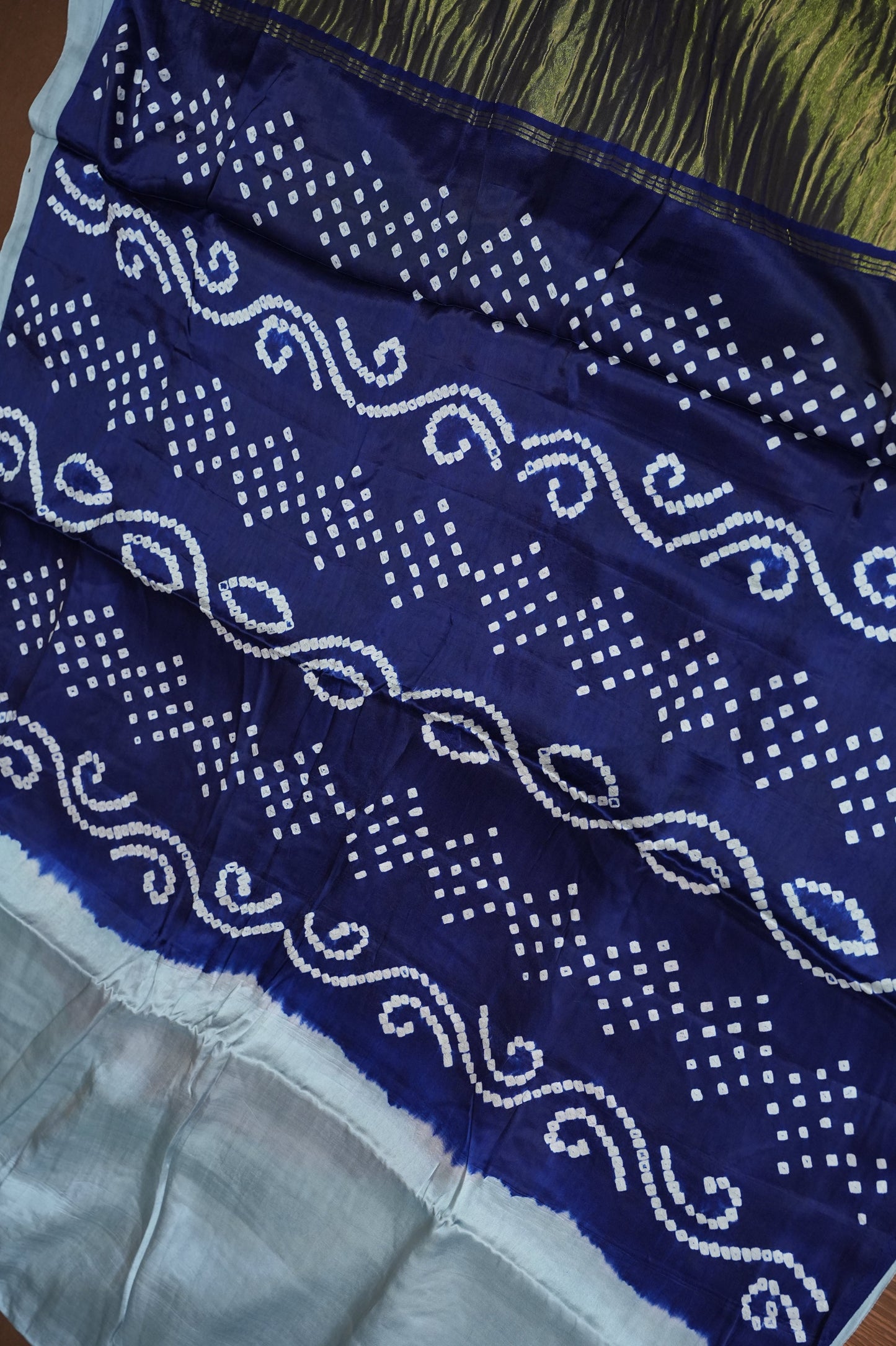 Pure Gajji Silk Saree in Powder Blue with Bandhej Pallu & Bandhani Digital Print