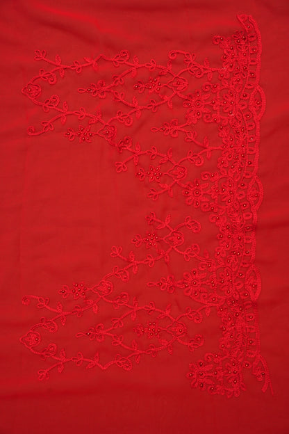 Party Wear Georgette Saree with Tone-on-Tone Embroidery - Scarlet Red