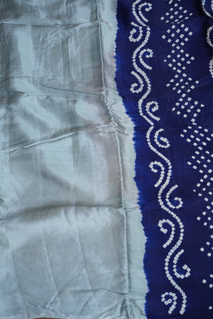 Pure Gajji Silk Saree in Powder Blue with Bandhej Pallu & Bandhani Digital Print