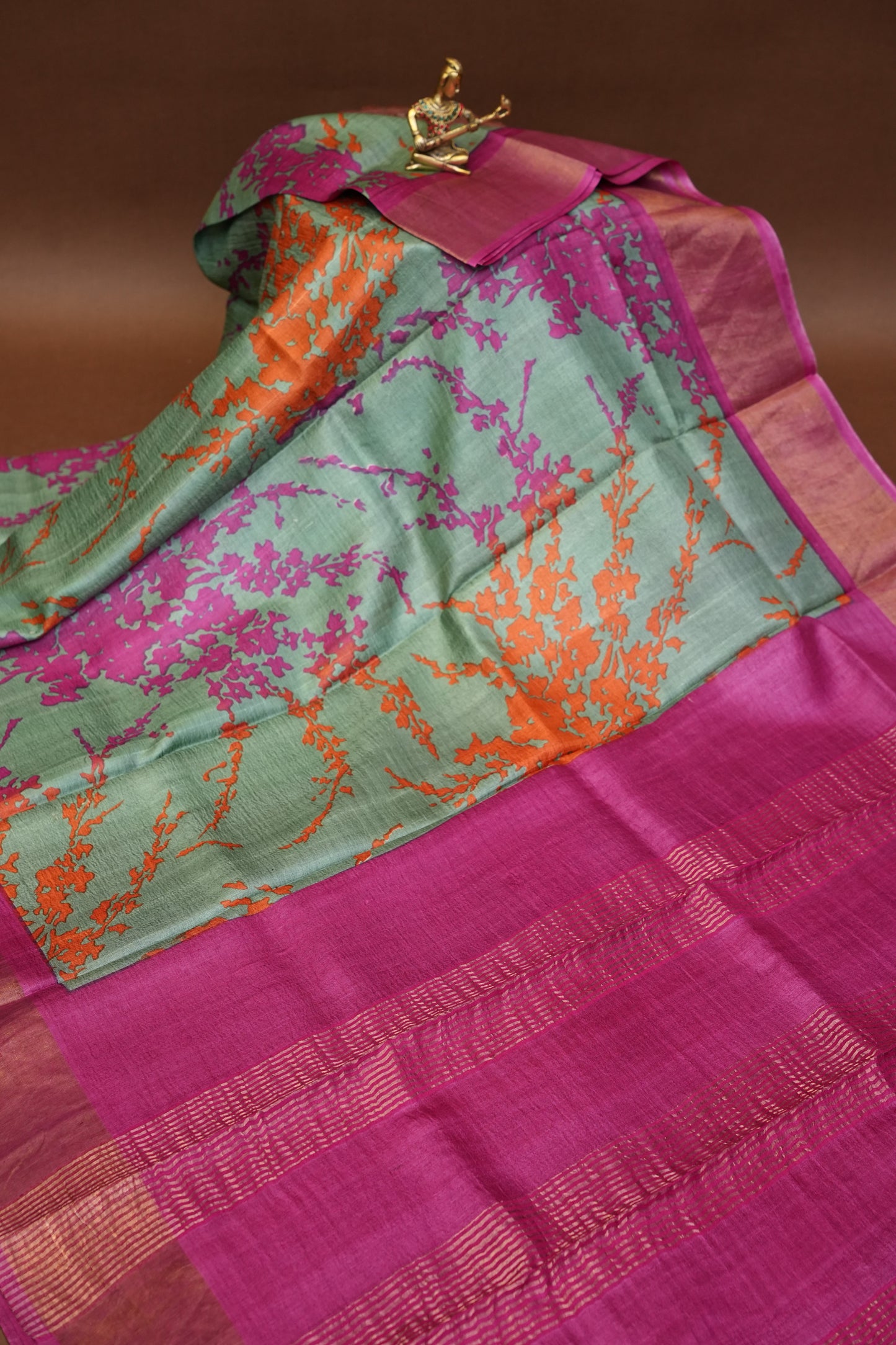 Floral Printed Pure Tussar Silk Saree - Teal Green | Silk Mark Certified