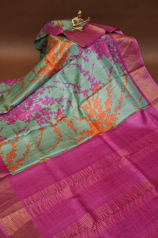 Floral Printed Pure Tussar Silk Saree - Teal Green