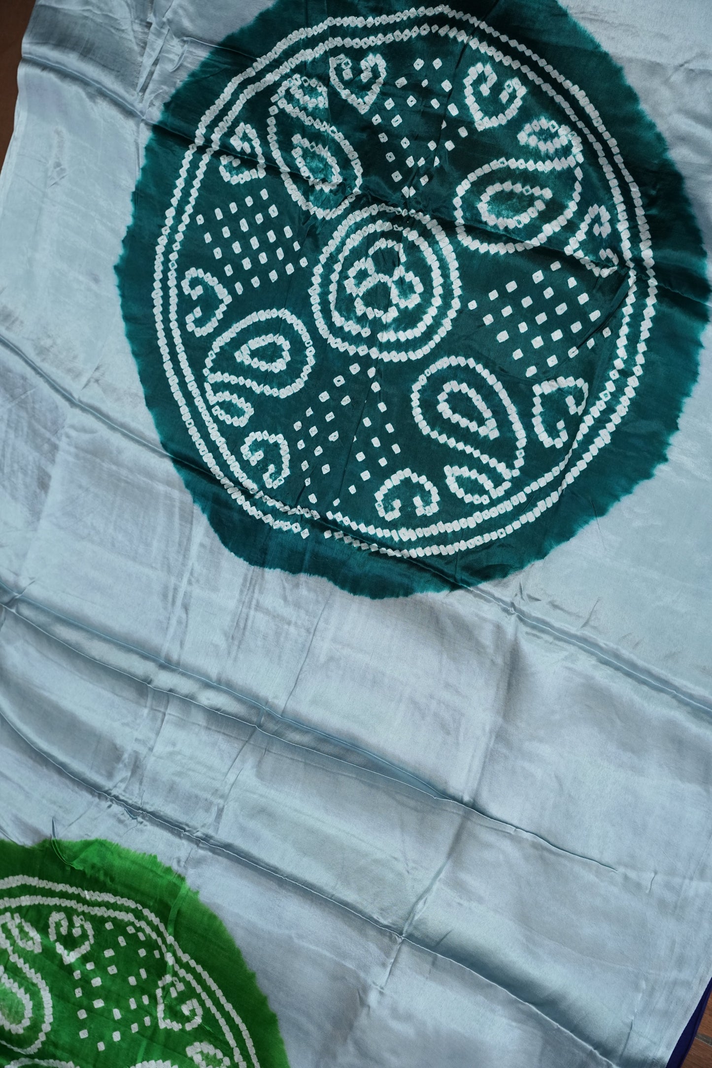 Pure Gajji Silk Saree in Powder Blue with Bandhej Pallu & Bandhani Digital Print
