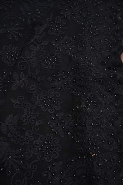 Party Wear Georgette Saree with Self-Tone Embroidery - Black