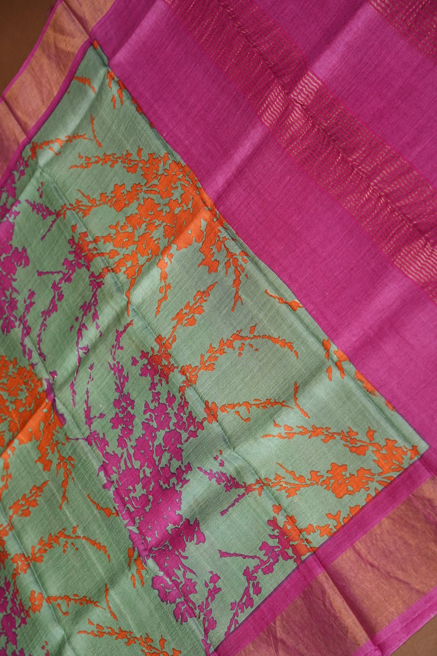Floral Printed Pure Tussar Silk Saree - Teal Green | Silk Mark Certified