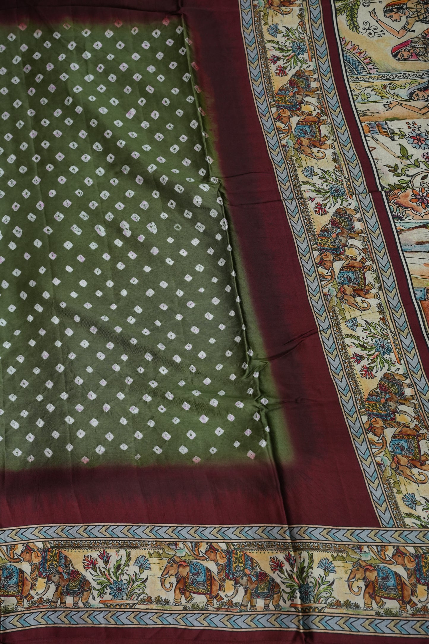 Pure Gajji Silk Saree in Sage Green with Bandhej Pallu & Royal Elephant Digital Print