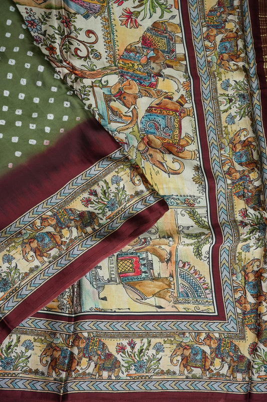 Pure Gajji Silk Saree in Sage Green with Bandhej Pallu & Royal Elephant Digital Print