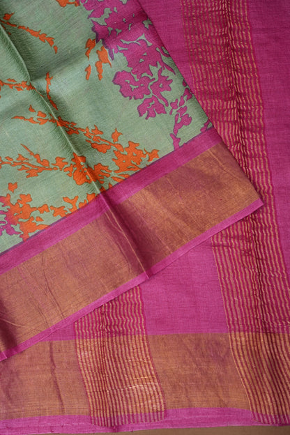 Floral Printed Pure Tussar Silk Saree - Teal Green | Silk Mark Certified