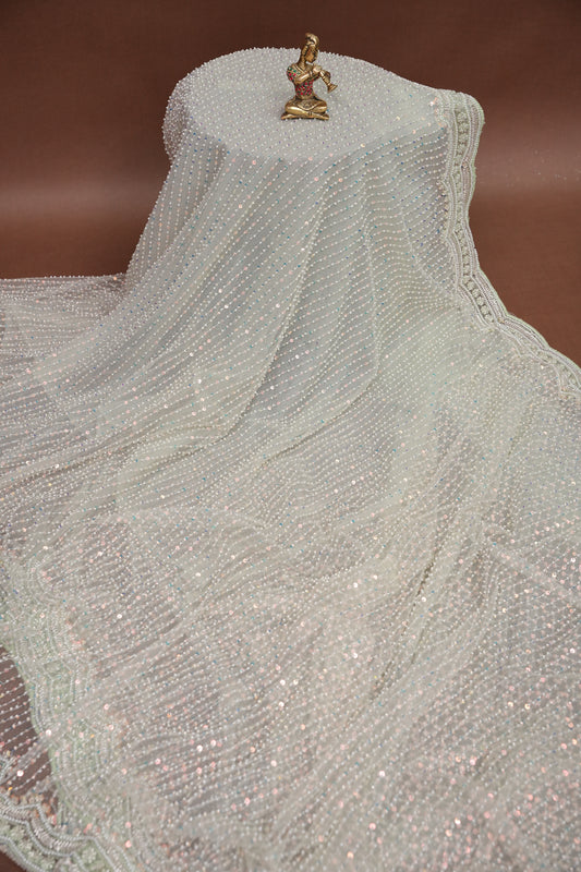 Party Wear Saree with All-Over Bead & Sequin Embellishments - Pastel Green