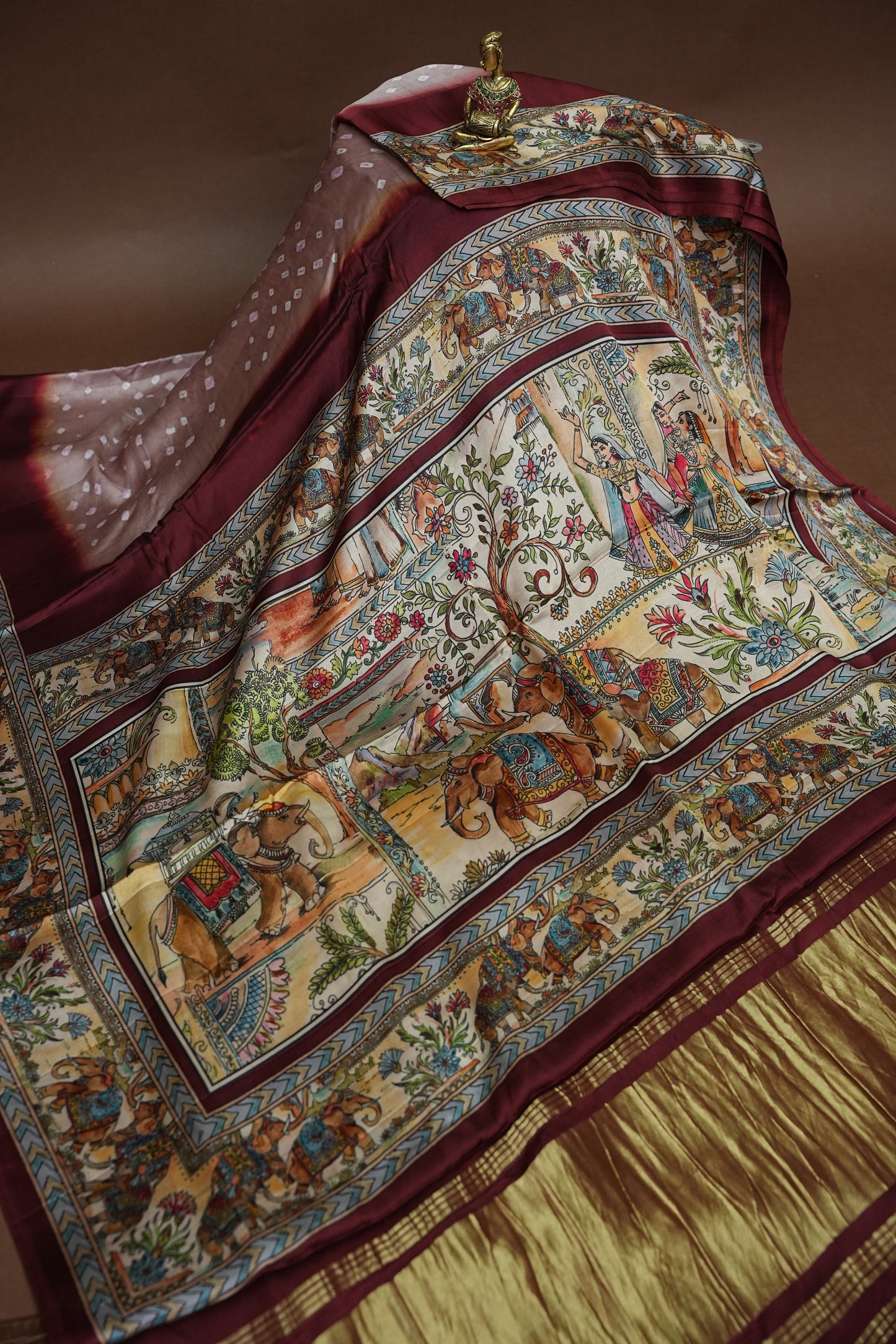 Pure Gajji Silk Saree in Nude with Bandhej Pallu & Royal Elephant Digital Print