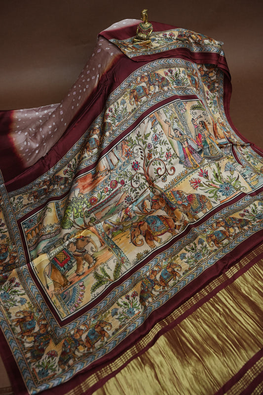 Pure Gajji Silk Saree in Nude with Bandhej Pallu & Royal Elephant Digital Print