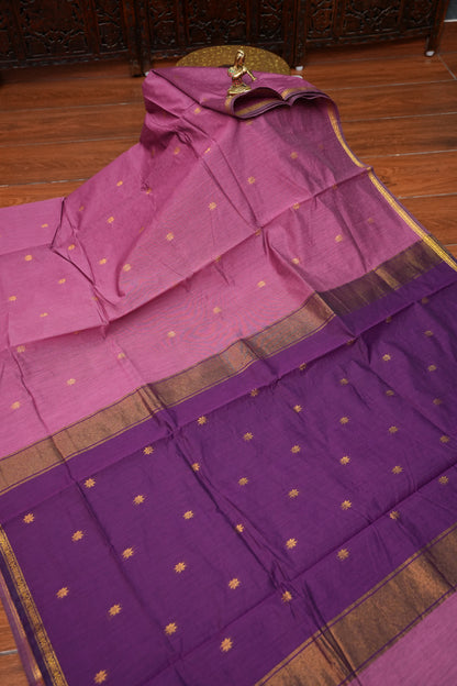 Semi Maheshwari Silk Cotton Saree – Dusty Rose & Purple