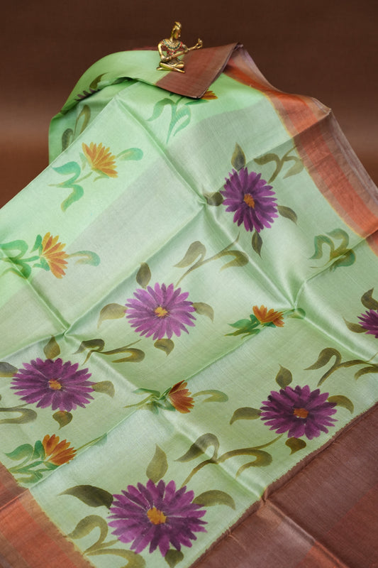 Floral Printed Pure Tussar Silk Saree - Pistachio
