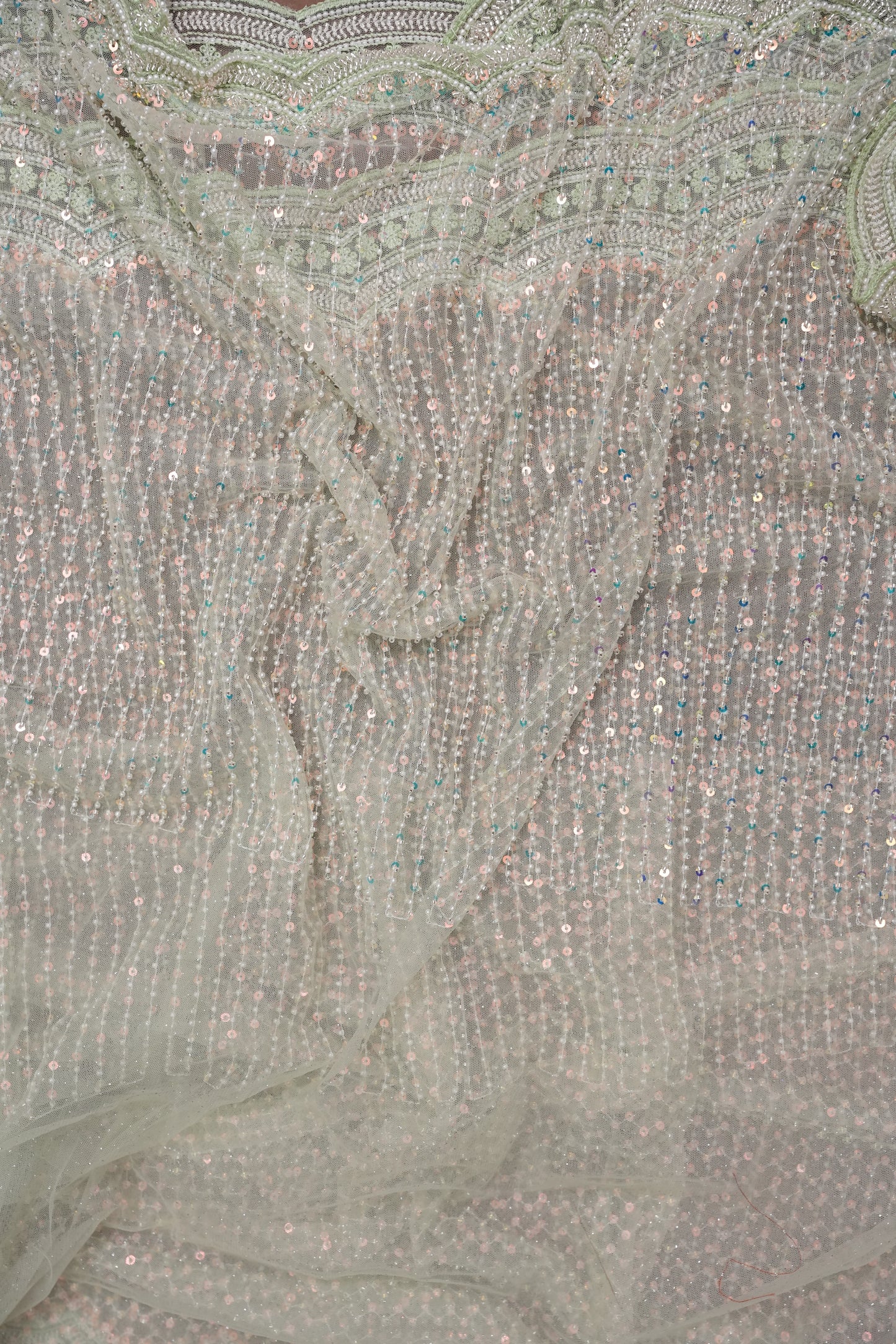 Party Wear Saree with All-Over Bead & Sequin Embellishments - Pastel Green