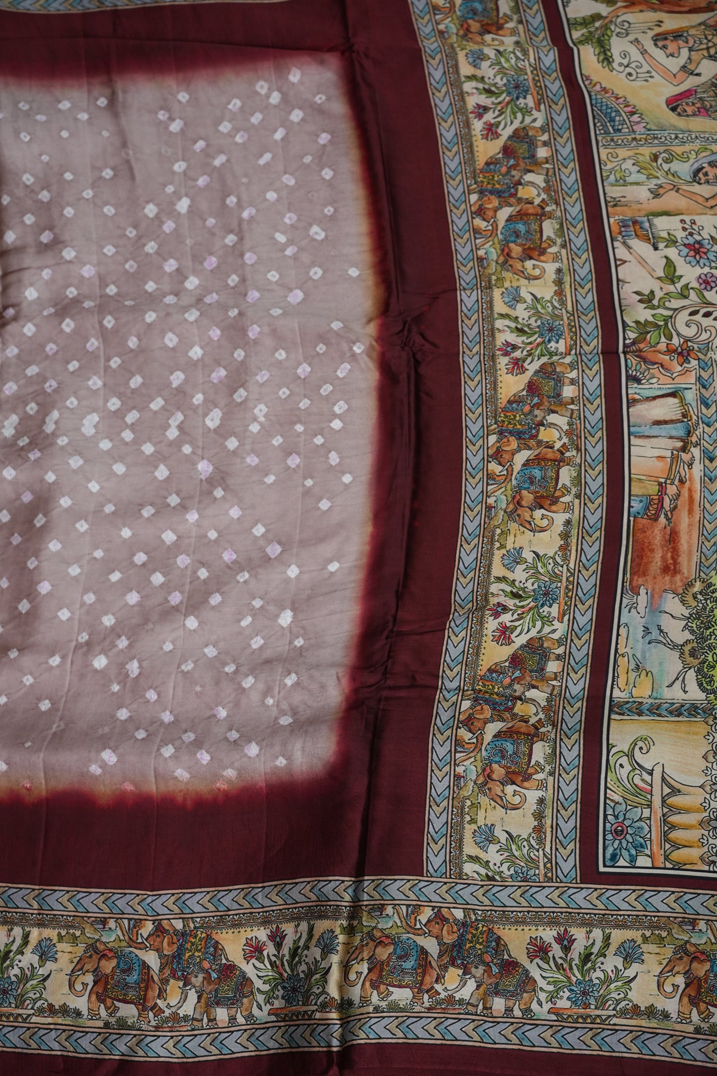 Pure Gajji Silk Saree in Nude with Bandhej Pallu & Royal Elephant Digital Print