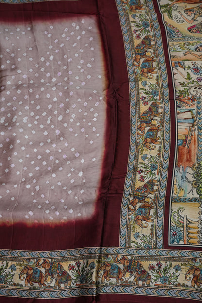 Pure Gajji Silk Saree in Nude with Bandhej Pallu & Royal Elephant Digital Print