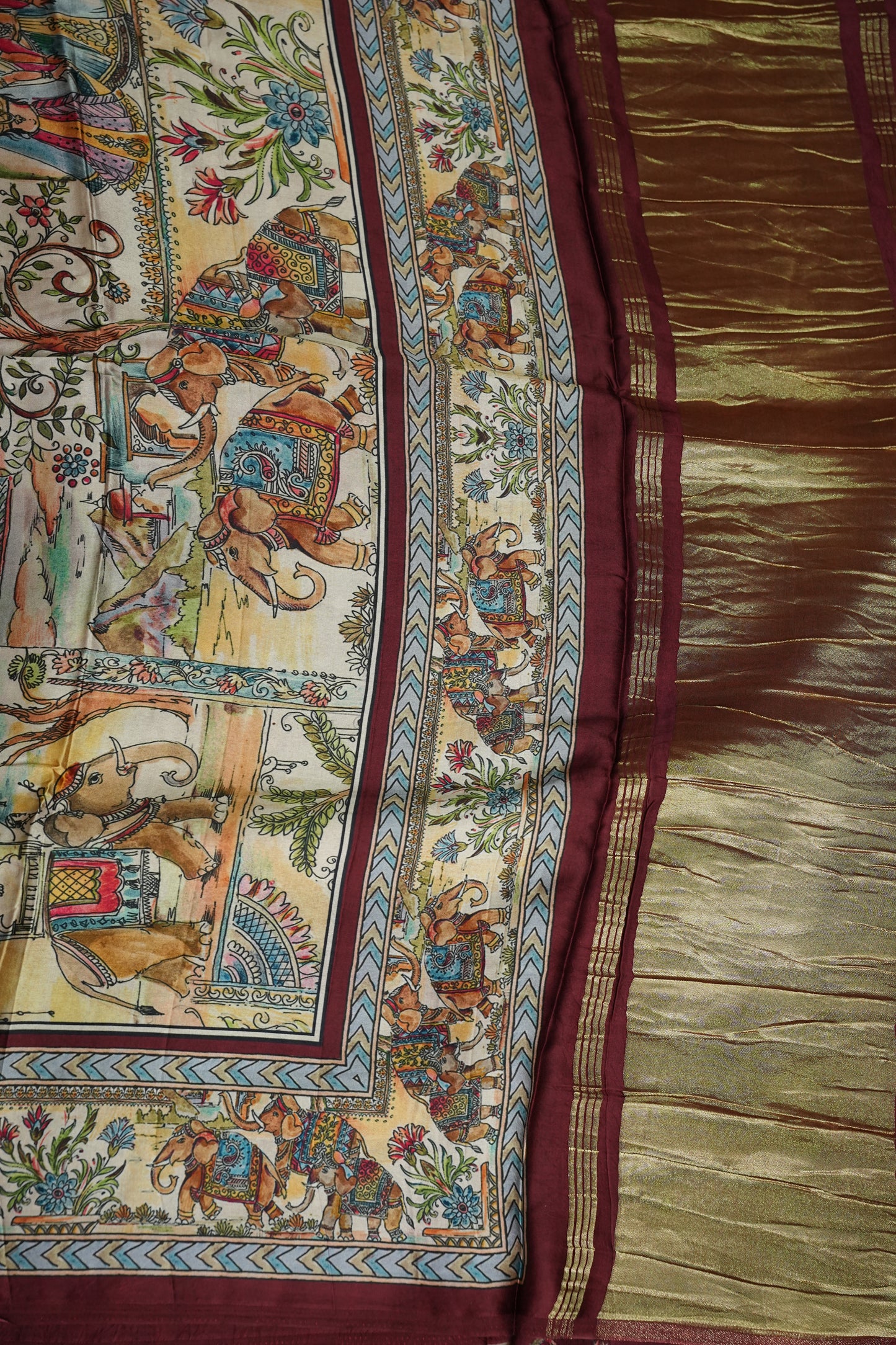 Pure Gajji Silk Saree in Nude with Bandhej Pallu & Royal Elephant Digital Print