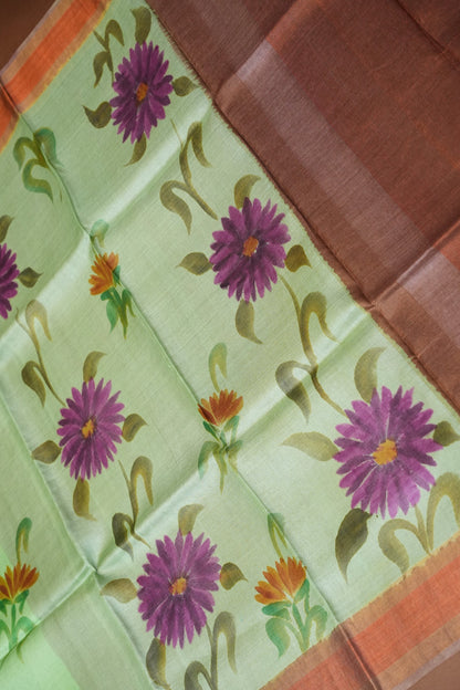 Floral Printed Pure Tussar Silk Saree-Pistachio|Silk Mark Certified