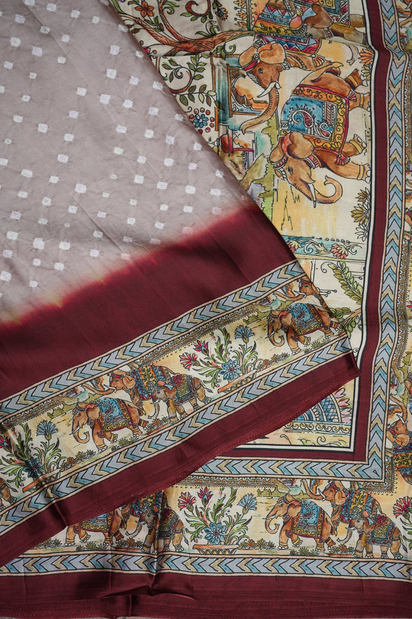 Pure Gajji Silk Saree in Nude with Bandhej Pallu & Royal Elephant Digital Print