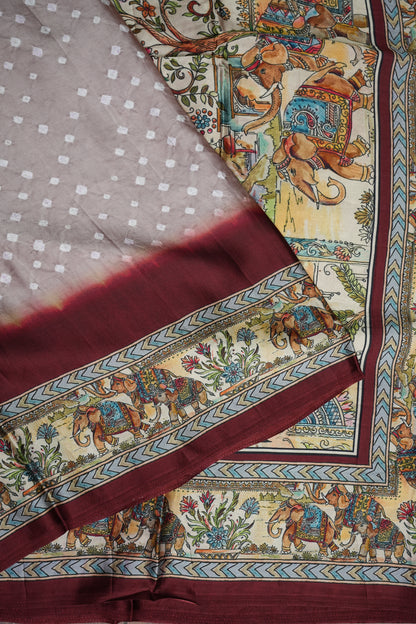 Pure Gajji Silk Saree in Nude with Bandhej Pallu & Royal Elephant Digital Print