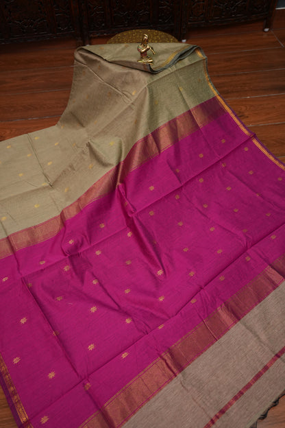 Semi Maheshwari Silk Cotton Saree – Beige Gold & Rani Pink