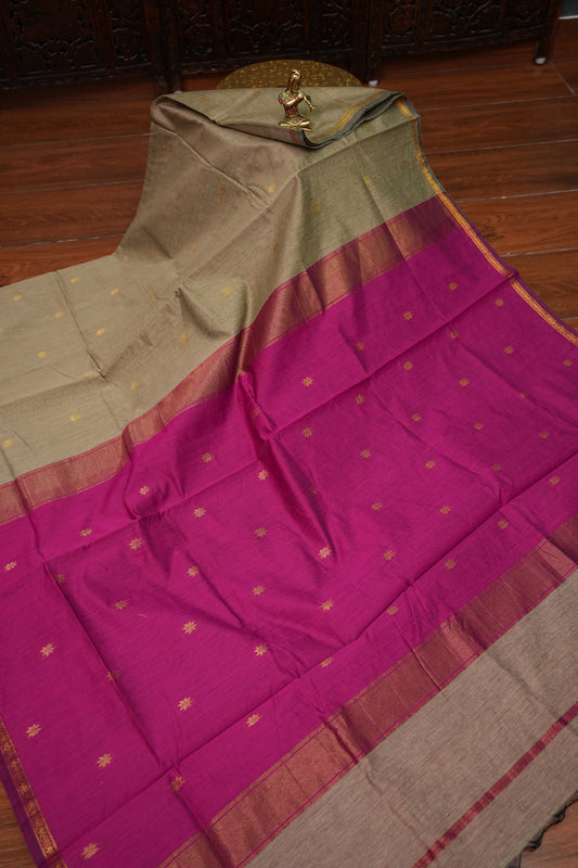 Semi Maheshwari Silk Cotton Saree – Beige Gold & Rani Pink