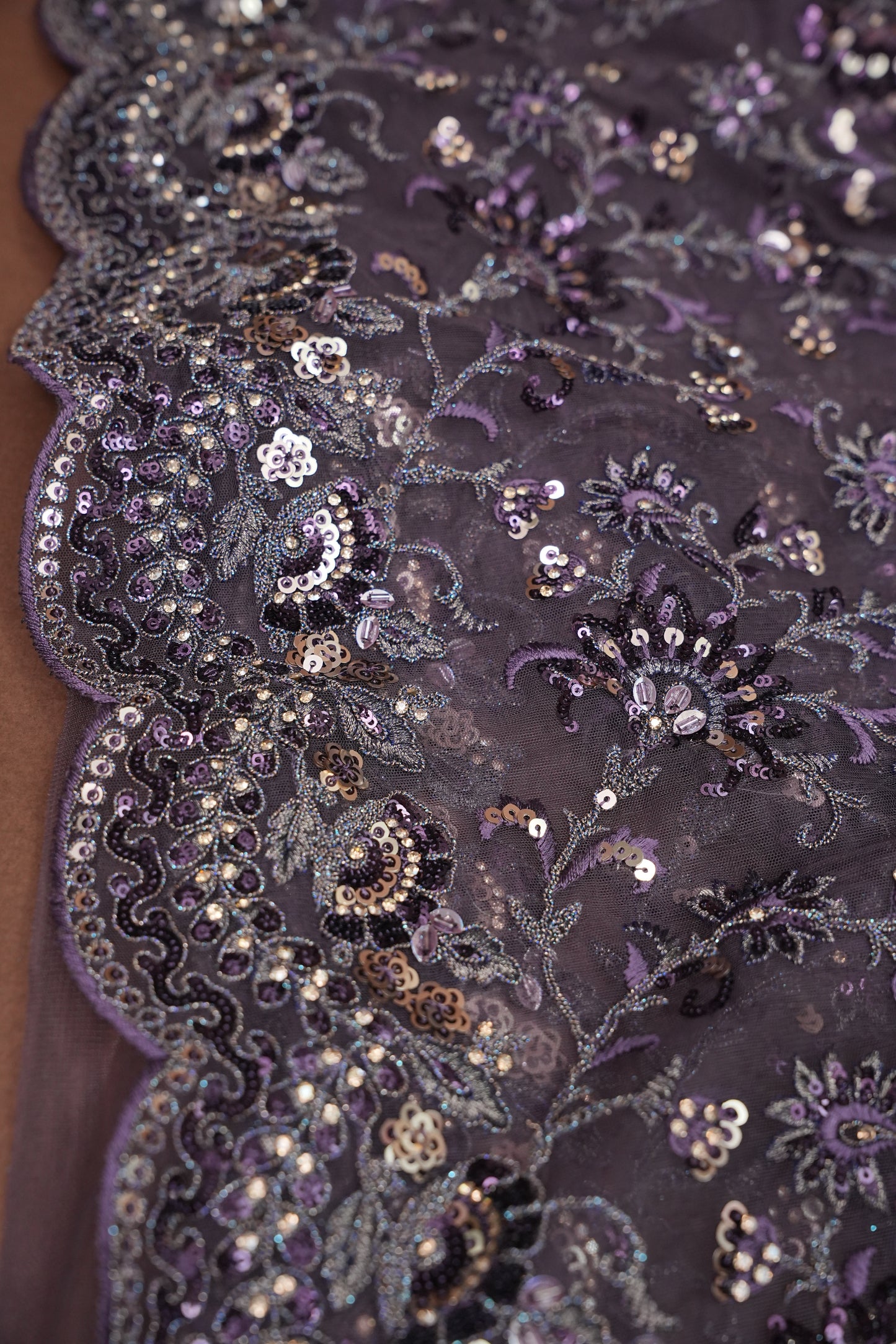 Party Wear Net Saree with Multi-Tone Sequin Embroidery - Purple Grey