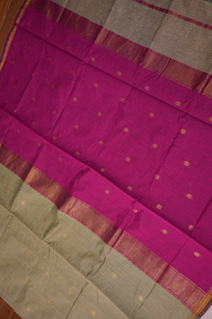 Semi Maheshwari Silk Cotton Saree – Beige Gold & Rani Pink