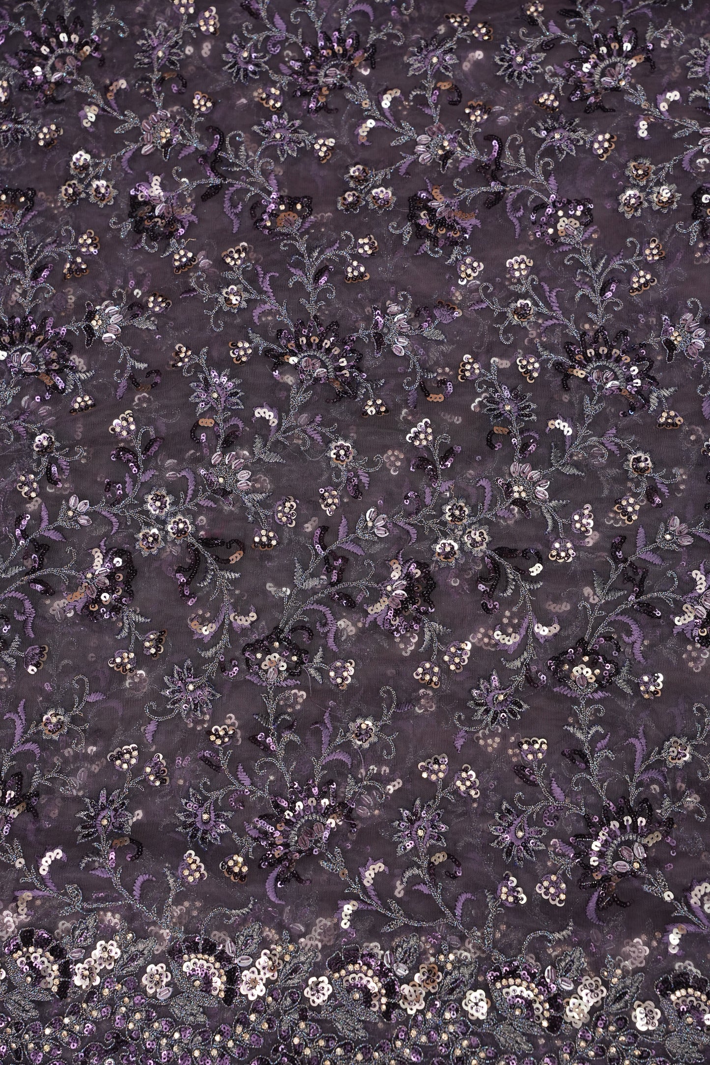Party Wear Net Saree with Multi-Tone Sequin Embroidery - Purple Grey
