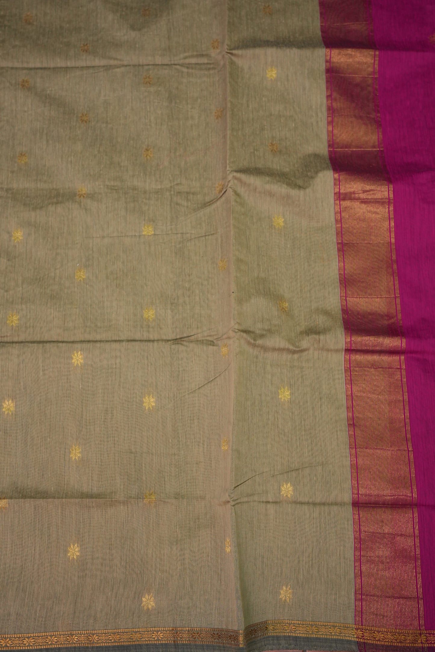 Semi Maheshwari Silk Cotton Saree – Beige Gold & Rani Pink