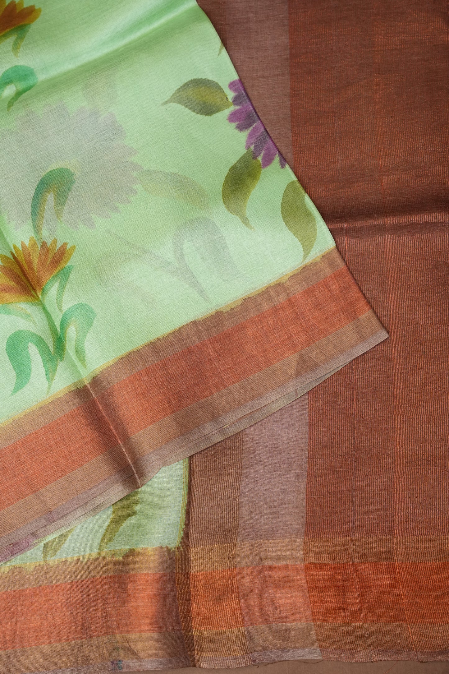 Floral Printed Pure Tussar Silk Saree-Pistachio|Silk Mark Certified