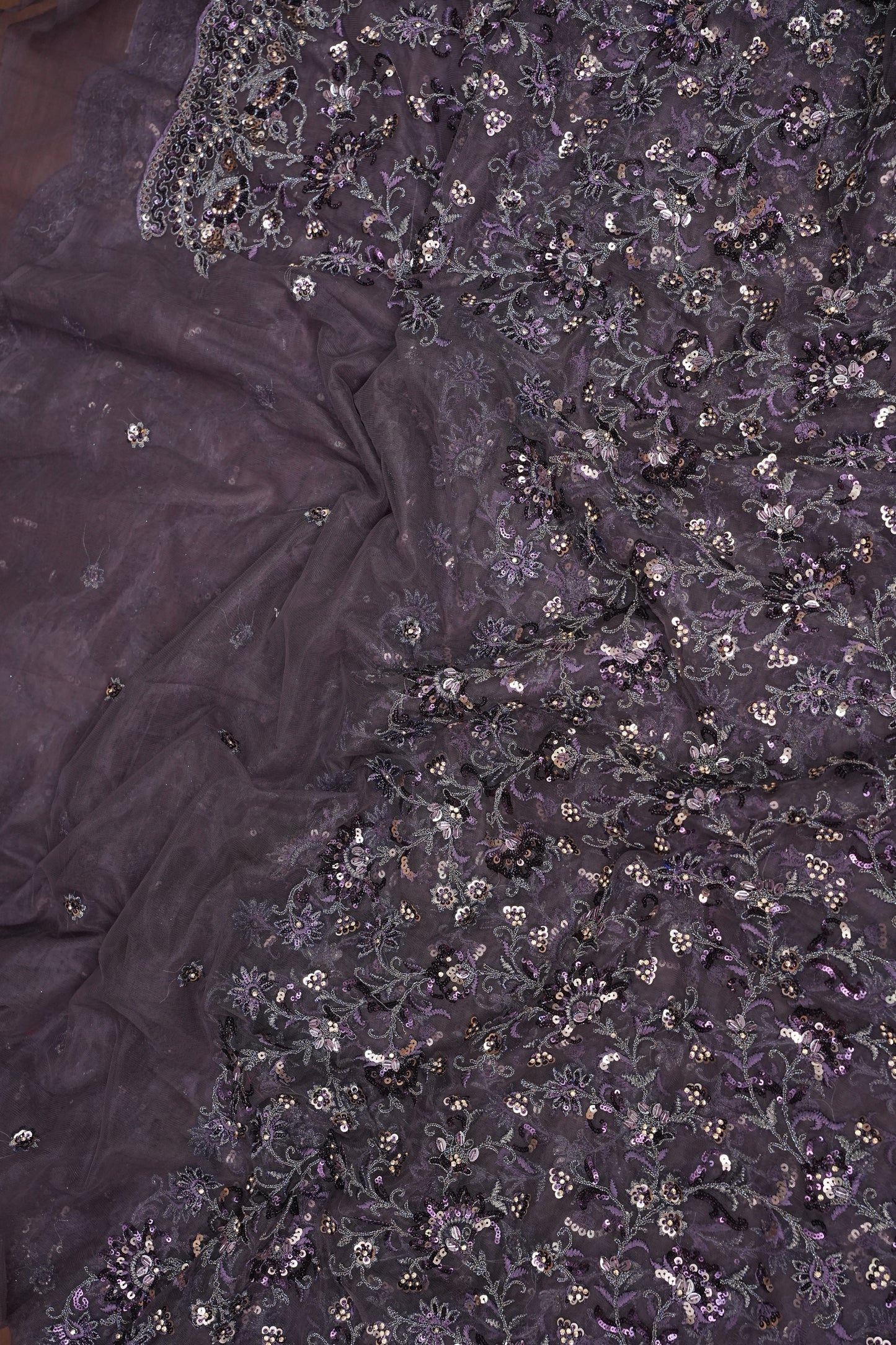 Party Wear Net Saree with Multi-Tone Sequin Embroidery - Purple Grey