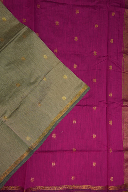 Semi Maheshwari Silk Cotton Saree – Beige Gold & Rani Pink