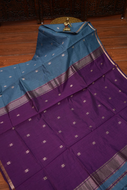 Semi Maheshwari Silk Cotton Saree – Dusty Blue & Purple