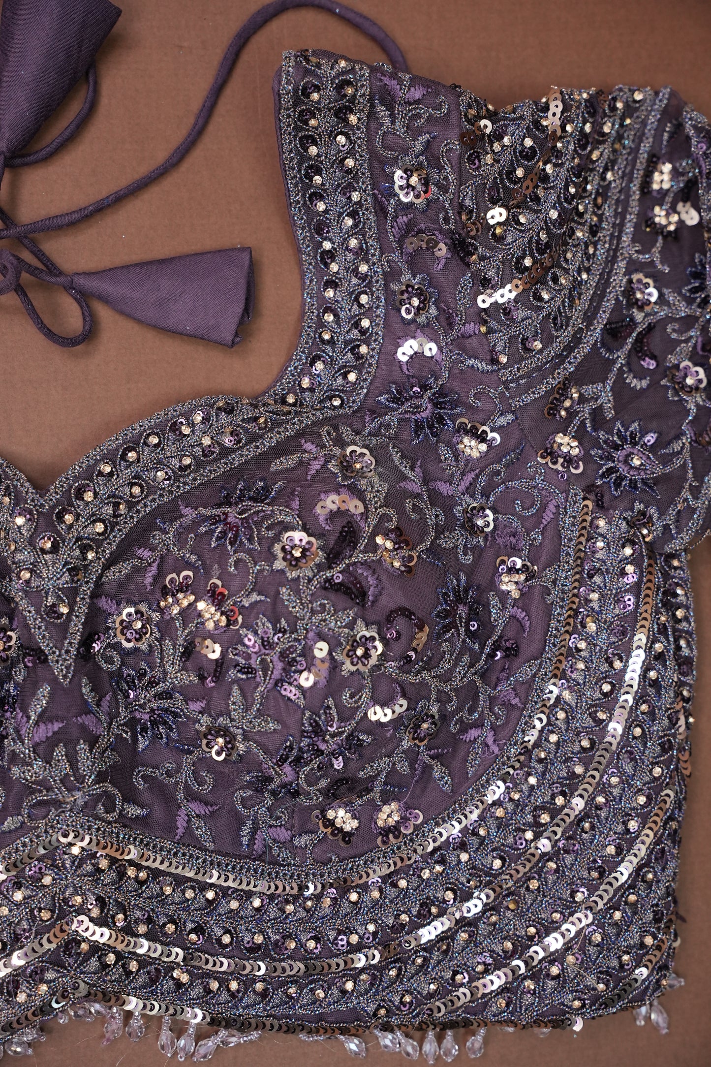 Party Wear Net Saree with Multi-Tone Sequin Embroidery - Purple Grey