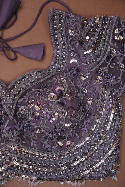 Party Wear Net Saree with Multi-Tone Sequin Embroidery - Purple Grey