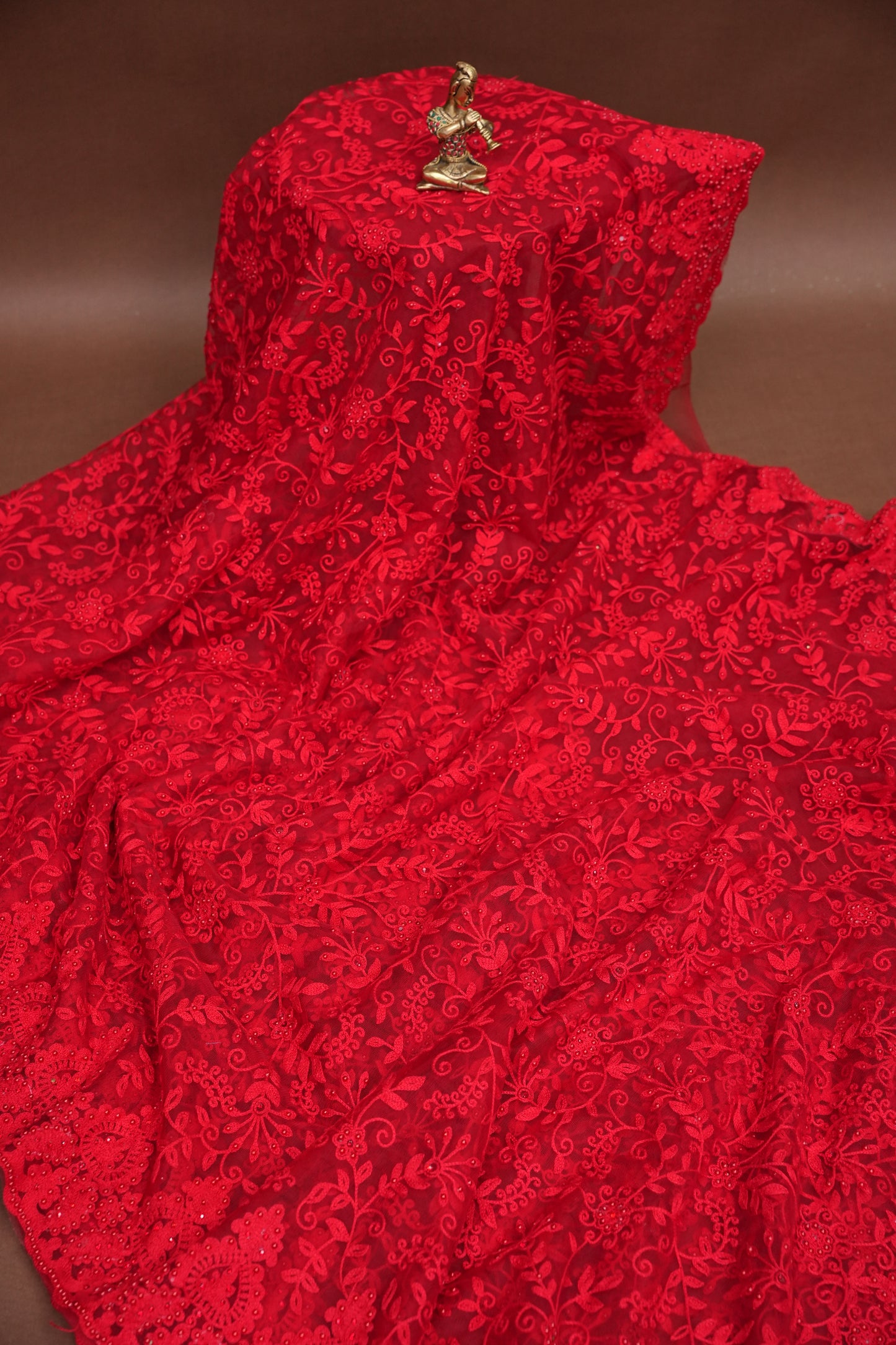 Party Wear Netted Saree with Self-Tone Floral Embroidery - Scarlet Red