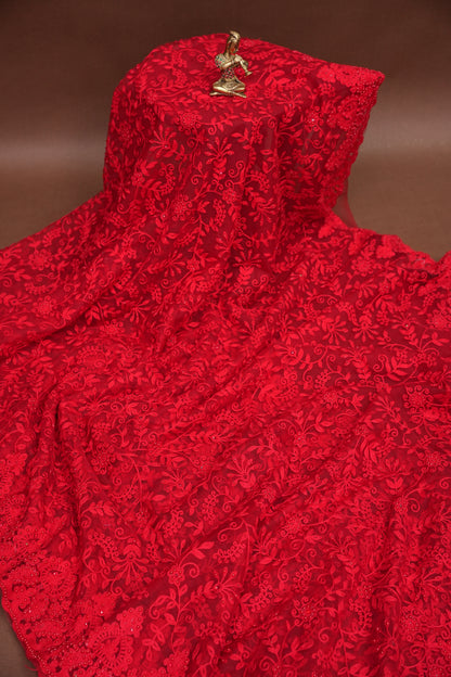 Party Wear Netted Saree with Self-Tone Floral Embroidery - Scarlet Red