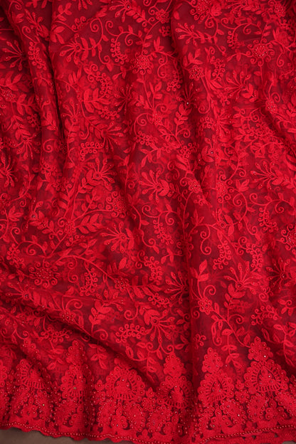 Party Wear Netted Saree with Self-Tone Floral Embroidery - Scarlet Red
