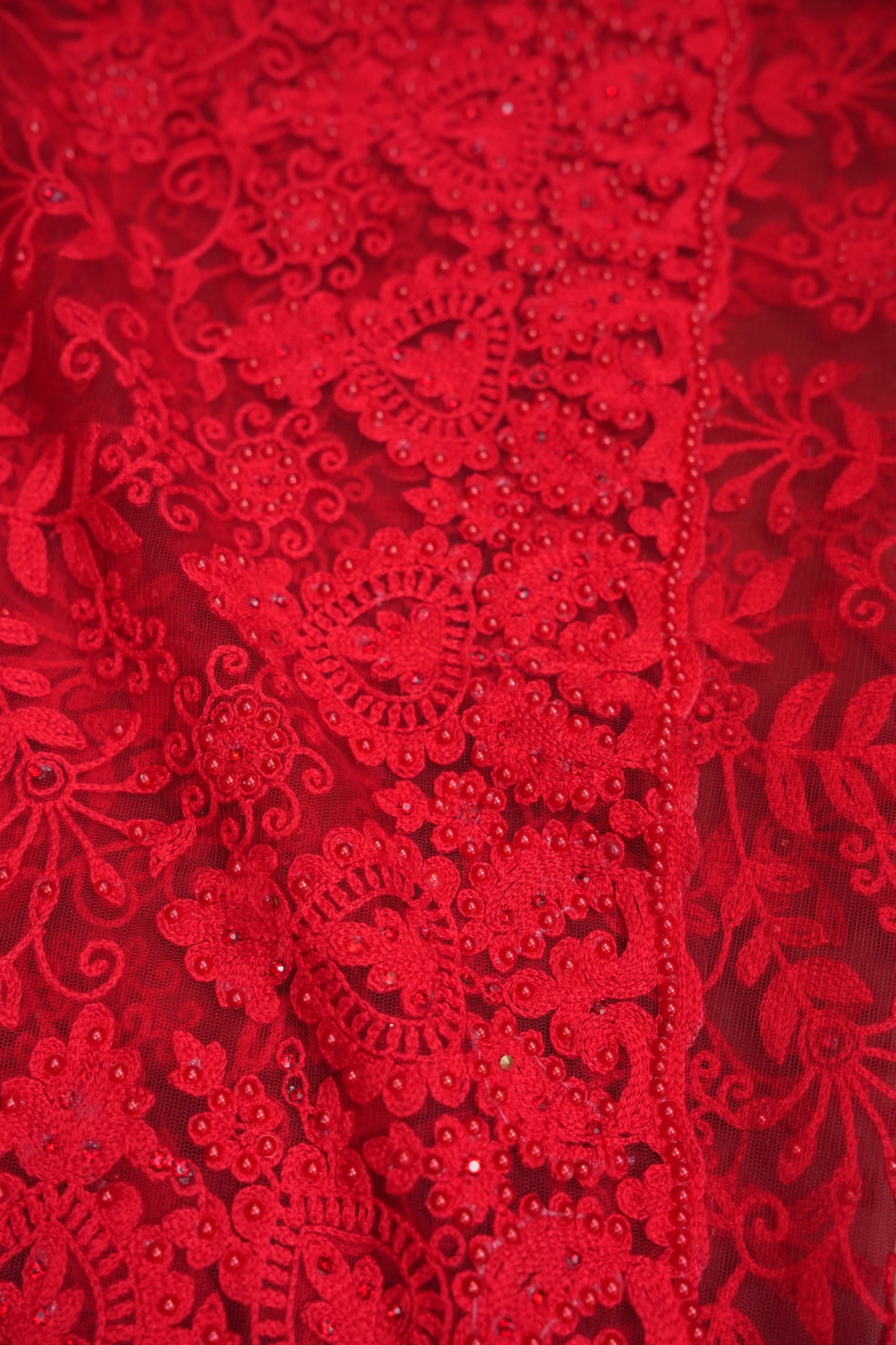 Party Wear Netted Saree with Self-Tone Floral Embroidery - Scarlet Red